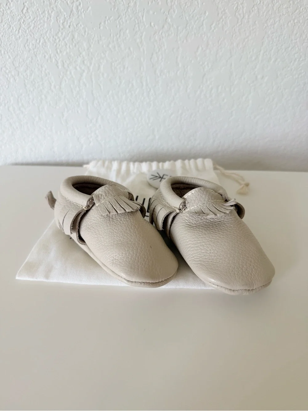 Freshly Picked Neutral Leather Fringe Baby Moccasins with Bag